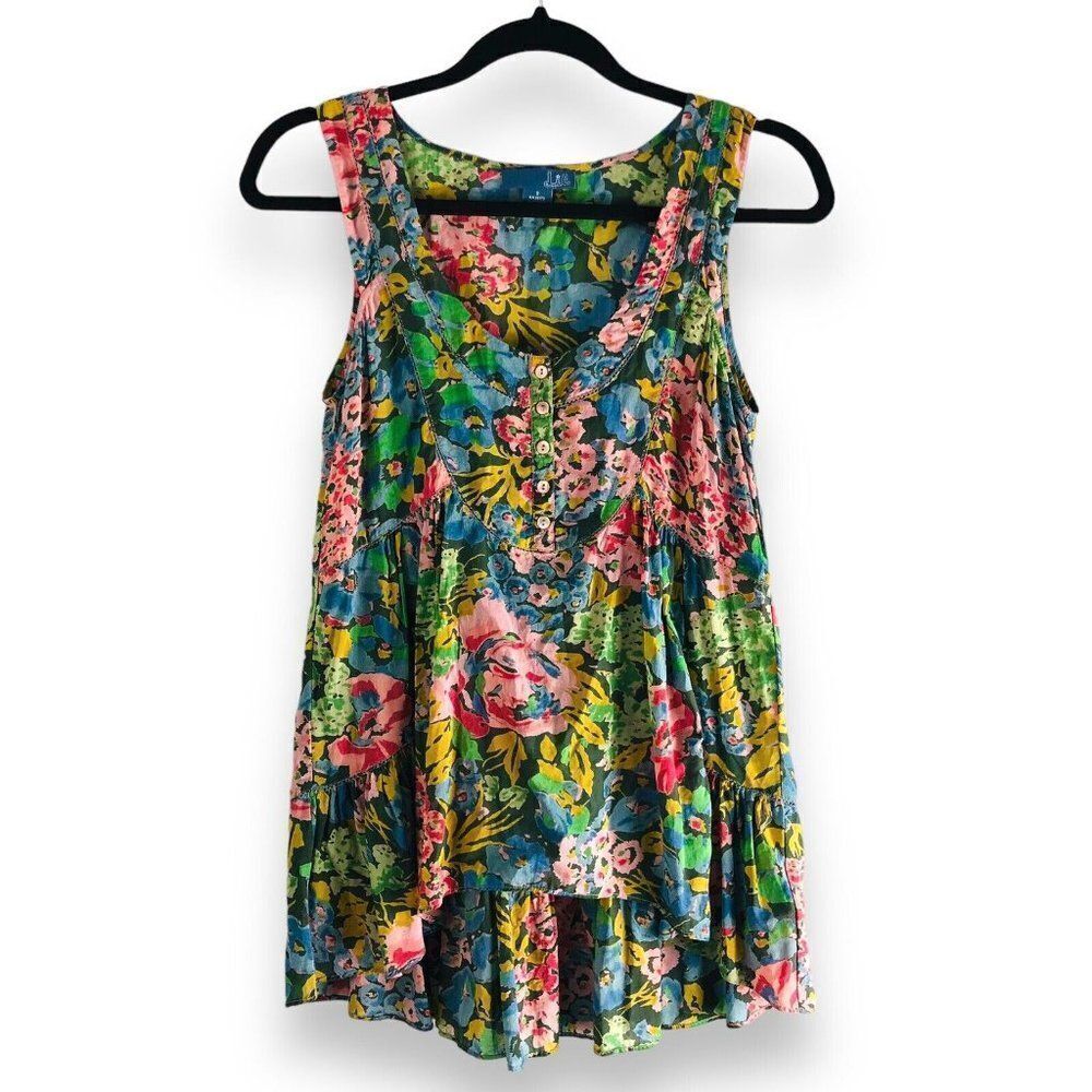 LIL‎ Anthropologie Size 2 Floral Henley High Low Hem Top Tank Romantic Bohemian